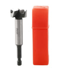 Hinge boring drill bit (8–25 mm) with round high-carbon steel shank, shown with red plastic case.