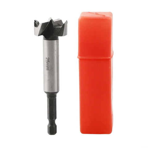 Hinge boring drill bit (8–25 mm) with round high-carbon steel shank, shown with red plastic case.