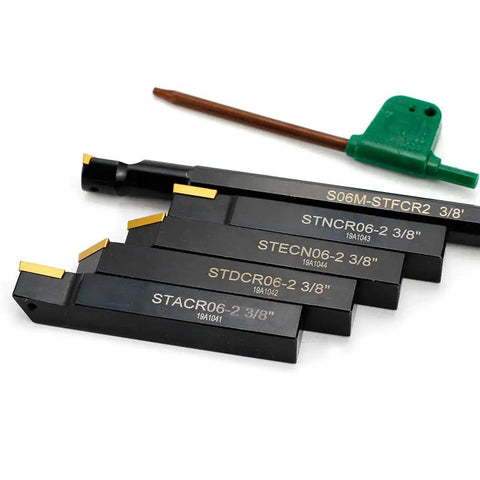 Three Eighths Inch Shank Lathe Turning Tool Set with 5 Indexable Inserts and holders for external and internal turning includes TCMT21.51 inserts S STFCR Boring Bar and wrenches ideal for semi finishing and roughing, array of inserts