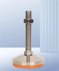 Heavy Duty Adjustable Leveling Feet Pad Mount Kit Featuring A Rock Solid Base To Bypass Equipment Wobble, stainless steel construction with orange pad and threaded stem.