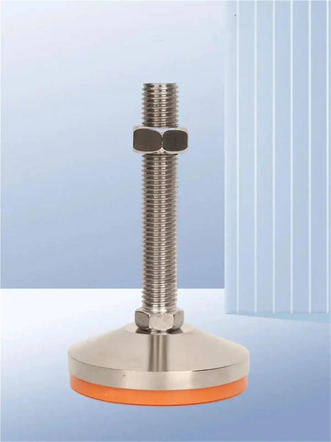 Heavy Duty Adjustable Leveling Feet Pad Mount Kit Featuring A Rock Solid Base To Bypass Equipment Wobble, stainless steel construction with orange pad and threaded stem.