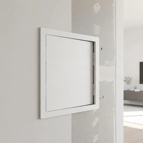 Heavy Duty Plastic Access Panel For Drywall 18x18 Inch Removable Wall Door in smooth flush finish on wall.