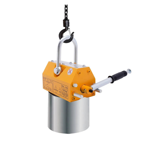 Heavy Duty Permanent Magnet Lifter With Rock Solid Grip Slick Rubber Handle And Reinforced U Loop Shackle Hook For No Cord Scrap Steel Hoisting And Daily Shop Floor Work, compact design with rubber grip.
