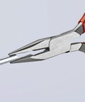 Pro Grade Long Nose Pliers With Wire Cutter for tight spaces, showing red ergonomic handles and serrated gripping surfaces on steel body.