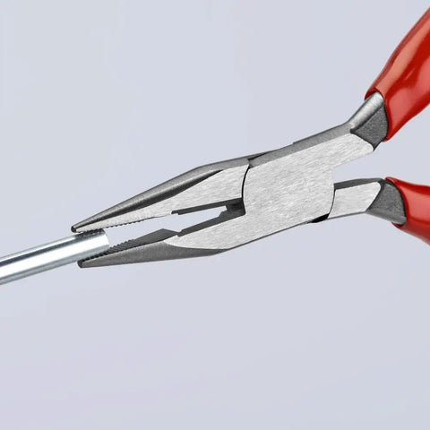 Pro Grade Long Nose Pliers With Wire Cutter for tight spaces, showing red ergonomic handles and serrated gripping surfaces on steel body.