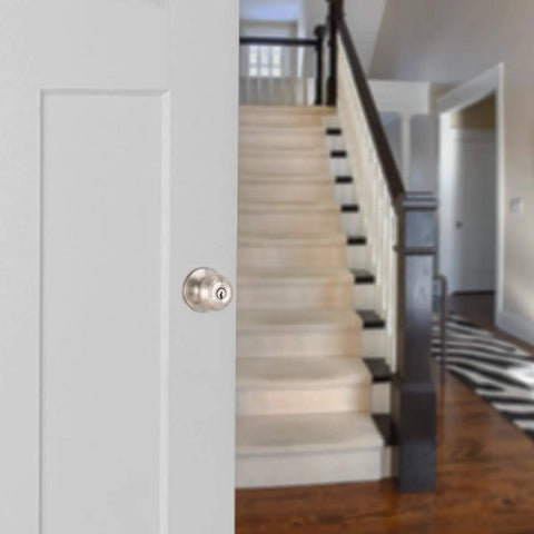 Exterior Door Knob With Lock For Your Pad, Classic Satin Nickel Finish, Brass Body, Steel Core, Adjustable Latch From Two And Three Eighths