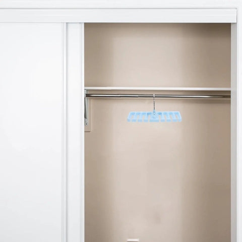 Sleek Belt And Tie Organizer Rack With Foldable Hooks Designed For Compact Closet Spaces Kick Your Wardrobe Into High Gear Keep Accessories Neatly Secured Easy Install Blue mounted in a closet.