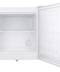 1.4 Cu Ft Compact All Freezer In Crisp White Offering No Fuss Manual Defrost And Relentless Subzero Chill To Keep Your Goods Locked Up Cold Perfect Low Key Setup For Small Kitchens And Apartments, open door view with single shelf.