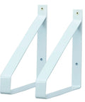 Heavy Duty Corner Shelf Brackets Set Of Two Badass Solid White Triangle Metal Supports For Wall Mounted Floating Wood Shelves Zero Wobble Setup, close-up view.