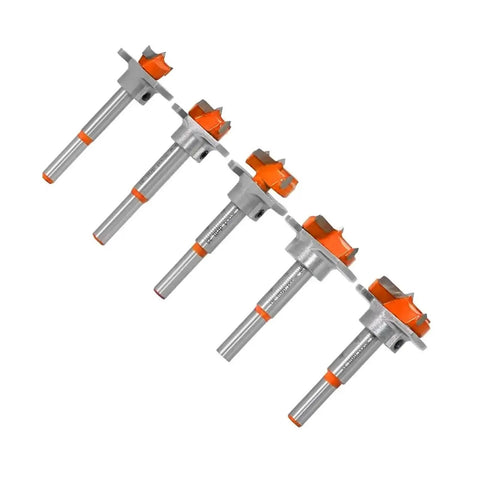 Kickass Forstner Drill Bits With 7mm Round Shank And Razor Sharp Carbide Edges Cuts Smooth As Butter Through Hardwood Plywood in five piece set.