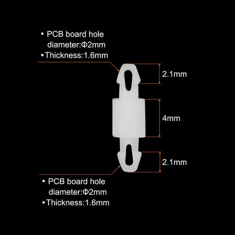200 Pcs Nylon Double Head Reverse Lock PCB Standoffs 4mm tool free clips with detailed measurements for circuit boards.