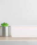 Slick White PP Plastic Drawer Organizer Box With Comfortable Handle Grip For Quick Sorting Bras Socks Ties And Everyday Gear To Keep Your Room Neat On The Daily on a shelf with a plant.