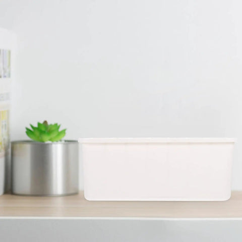 Slick White PP Plastic Drawer Organizer Box With Comfortable Handle Grip For Quick Sorting Bras Socks Ties And Everyday Gear To Keep Your Room Neat On The Daily on a shelf with a plant.