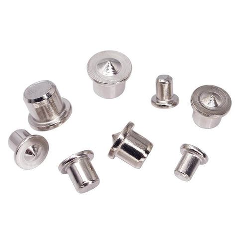 Pro Woodworking Dowel Locator Kit 16 Piece Center Point Dowel Transfer Plugs Set, chrome-plated steel, various sizes shown.