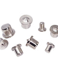 Pro Grade 6pc Dowel Pin Center Set for Precise Alignment in Woodworking and Joinery, solid steel chrome-plated transfer plugs displayed