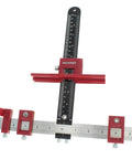 Adjustable Drill Guide Hardware Jig for cabinet handles, knobs, and drawer pulls installations with metric and inch measurements.
