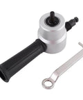 Sheet Metal Nibbler For Electric Drills With Double Head Cutter Cuts Through Steel Copper Aluminum And Stainless Steel Like Butter Ideal For 8mm Drills DIY Enthusiasts Pro Builders Straight Lines Curves And Arcs shown with handle and wrench