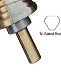 Close-up of Step Drill Bits Set For DIYers And Pros Five Piece HSS Titanium Coated Step Drill Bit Kit With 50 Size Options, showing tri-flatted shank.