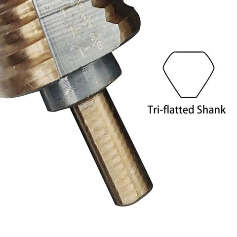 Close-up of Step Drill Bits Set For DIYers And Pros Five Piece HSS Titanium Coated Step Drill Bit Kit With 50 Size Options, showing tri-flatted shank.
