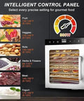 Heavy Duty Commercial Food Dehydrator With Twelve Stainless Steel Trays For Jerky And Snacks Featuring A Total No Sweat Digital Timer and settings for fruits, veggies, herbs, nuts, and meats.