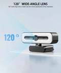 Premium 4K Webcam With Built In Ring Light And Dope Privacy Shutters For Crisp Streaming And Badass Video Calls Featuring Dual AI Noise Canceling Mics Plus Super Fast Autofocus with 120° wide-angle lens on a clear surface.