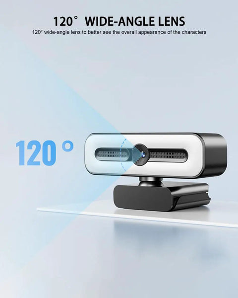 Premium 4K Webcam With Built In Ring Light And Dope Privacy Shutters For Crisp Streaming And Badass Video Calls Featuring Dual AI Noise Canceling Mics Plus Super Fast Autofocus with 120° wide-angle lens on a clear surface.