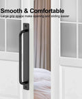 Black handle on white sliding door with 2 Pack Barn Door Handles For Sliding Doors In Black With Plate Zinc Alloy Rust Resistant Pull Handles Hole Center 8.8 Inches Overall Length 9.6 Inches Width 0.95 Inches Height 1.5 Inches Closet Door Hardware inscription.