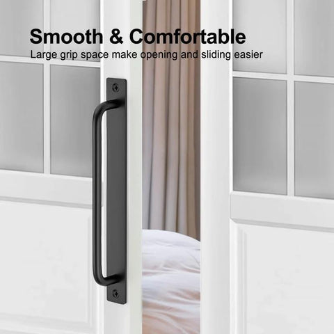 Black handle on white sliding door with 2 Pack Barn Door Handles For Sliding Doors In Black With Plate Zinc Alloy Rust Resistant Pull Handles Hole Center 8.8 Inches Overall Length 9.6 Inches Width 0.95 Inches Height 1.5 Inches Closet Door Hardware inscription.
