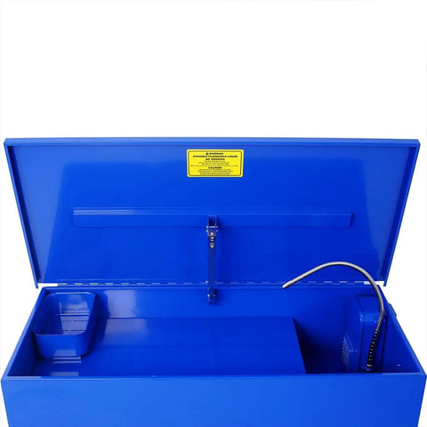 Knockout Clean Power Hella Tough 40 Gallon Parts Washer With 24 Gallon Solvent Capacity And 5.3 Gpm Flow Pump Heavy Duty Steel Build Auto Closing Lid, open blue lid showing interior.