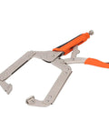 Super Tough Locking C Clamp Pliers Set Inch Duty Woodworking Face Tool With Rotating Pads For Welding And Pocket Hole Joinery Projects That Are 14 Inches Long, detailed view of plier with orange grip.