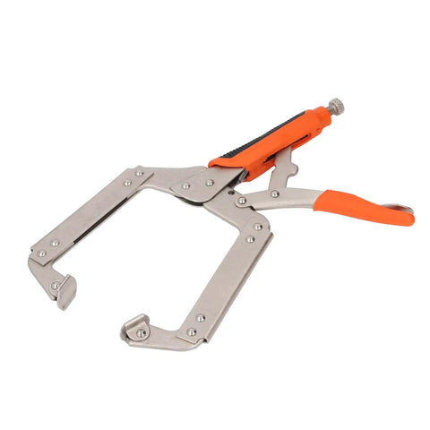 Super Tough Locking C Clamp Pliers Set Inch Duty Woodworking Face Tool With Rotating Pads For Welding And Pocket Hole Joinery Projects That Are 14 Inches Long, detailed view of plier with orange grip.