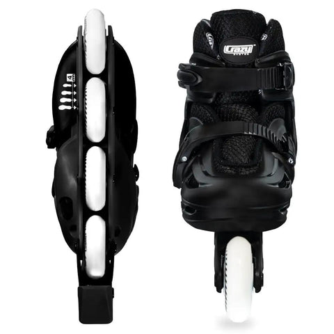Adjustable Kids Inline Skates Grow With You Across Four Sizes With Push Button Expansion, shown from side and front view