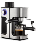 Kickstart Your Daily Grind With This Semi Automatic Espresso Machine Featuring A Five Bar Pressure Pump And Built In Milk Frother For Barista Quality Lattes And Frothy Macchiatos At Home, showcasing sleek stainless steel design and black accents.