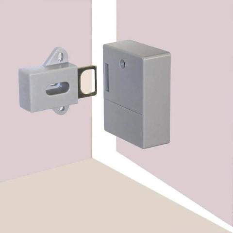 Rfid Electronic Cabinet Lock For Wooden Drawers And Cupboards Gray, showing steel latch and installation view.