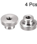 Tough Knurled Thumb Nuts 4 Pack M6 By 1mm Real Deal 304 Stainless Steel round fasteners for DIY projects, showcasing two nuts with knurled edges.