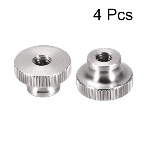 Tough Knurled Thumb Nuts 4 Pack M6 By 1mm Real Deal 304 Stainless Steel round fasteners for DIY projects, showcasing two nuts with knurled edges.
