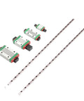 Two Piece Linear Guide Rails With Four MGN15C Blocks For 300 To 550mm Miniature 3D Printer And CNC Slide System, Ultra Smooth, Low Noise, Durable Bearing Steel, Rock Solid Motion For Precise Prints. Linear rail set with four MGN15C blocks, angled view