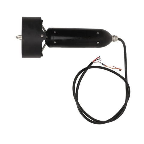 Underwater Thruster System For ROVs And RC Boats, 24-50V Brushless Motor Delivers 30kg Thrust, side view with cables and casing.