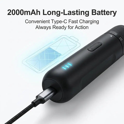 Slick Cordless Electric Screwdriver Kit With 21 Magnetic Bits And 2000mAh Rechargeable Battery showing 2000mAh battery with Type-C charging port.