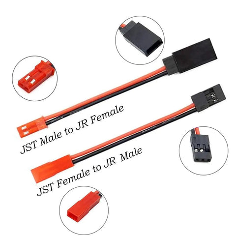 Y Harness Splitter Kit for RC Cars and Traxxas TRX-4 showing JST Male to JR Female and JST Female to JR Male connectors.