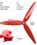 8 Pack 3 Blade High Speed Drone Propellers For Racing FPV Drones, shown is a red propeller with 5mm mount, 7 inch size