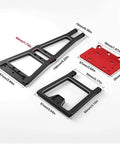 Aluminum Tow Crane Arm Wrecker Kit for RC Crawlers and Trailers showing black and red components with precise dimensions.