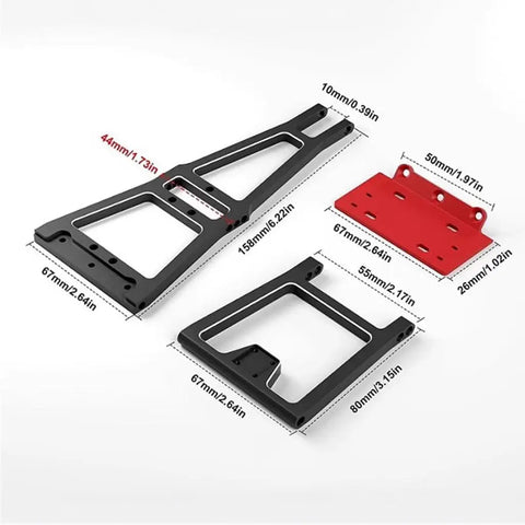 Aluminum Tow Crane Arm Wrecker Kit for RC Crawlers and Trailers showing black and red components with precise dimensions.