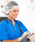 Nurse wearing Disposable Bouffant Hair Caps 21 Inch Head Cover Net For Salon Or Spray Tan Breathable Nonwoven Fabric With Elastic Band