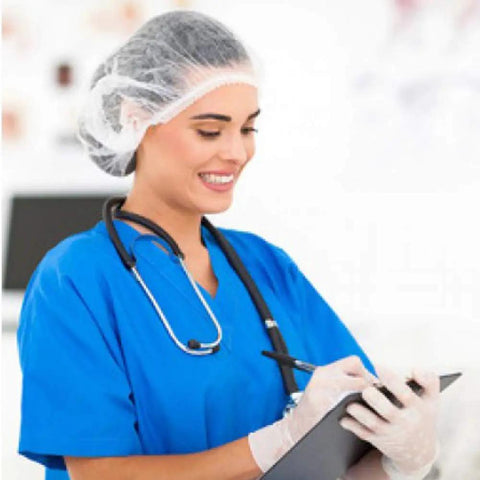 Nurse wearing Disposable Bouffant Hair Caps 21 Inch Head Cover Net For Salon Or Spray Tan Breathable Nonwoven Fabric With Elastic Band