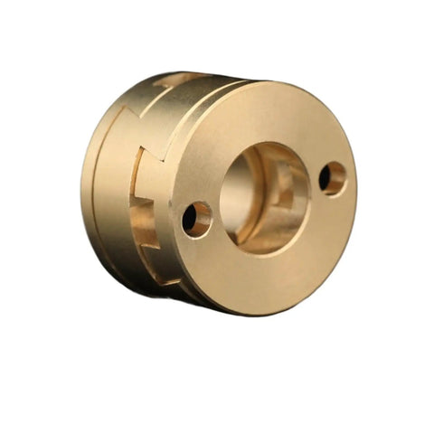 Upgrade Your VzBoT 3D Printer With This Sweet Z-Axis Screw Hot Bed And Compatible Mellow NF Oldham Coupling. Heavy Duty Brass Build Delivers Insane Torsional Rigidity, Zero Backlash, And Rock-Solid Precision To Eliminate Wobble And Layer Line. Brass Oldham coupling for VzBoT Z-axis hot bed, front view