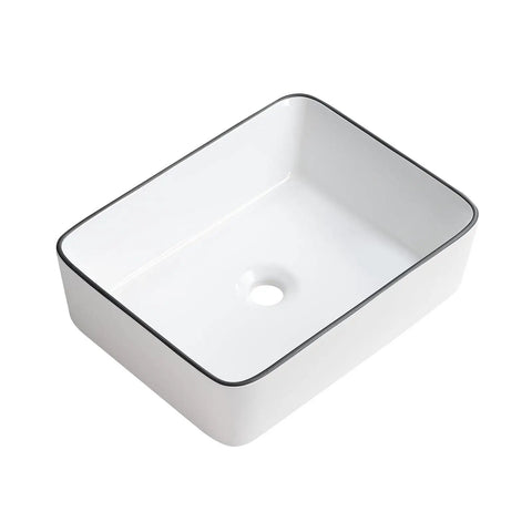 White Rectangle Vessel Sink For Bathroom Above Counter Porcelain Ceramic Basin With Black Rim Edge Modern European Inspired Design
