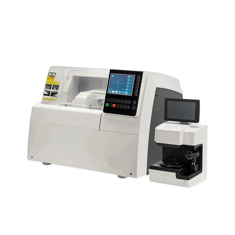 Built Tough 2d Patternless Auto Lens Edger Machine With Fully Automatic Tracing For Eyewear Labs and Optical Shops, white with digital display.