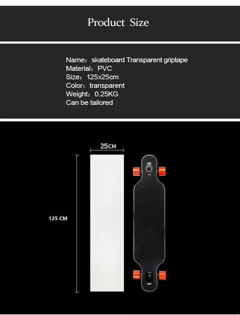 Clear Grip Tape For Skateboards And Scooters Waterproof Bubble Free Transparent Griptape Grips Like Crazy, shown next to a board