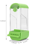 No Fuss Acrylic Automatic Bird Feeder With Sturdy Perch For Cage, clear design with green lid and base, dimensions shown.